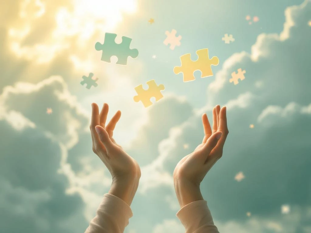 Handen reiken omhoog naar gouden zonlicht door wolken, met zwevende puzzelstukjes die mentale gezondheid symboliseren