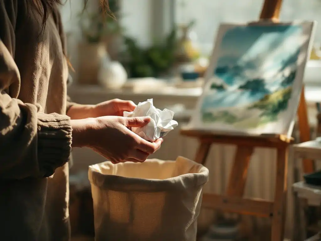 Handen gooien verfrommeld papier in prullenbak naast aquarelverf op houten ezel in natuurlijk verlichte creatieve ruimte