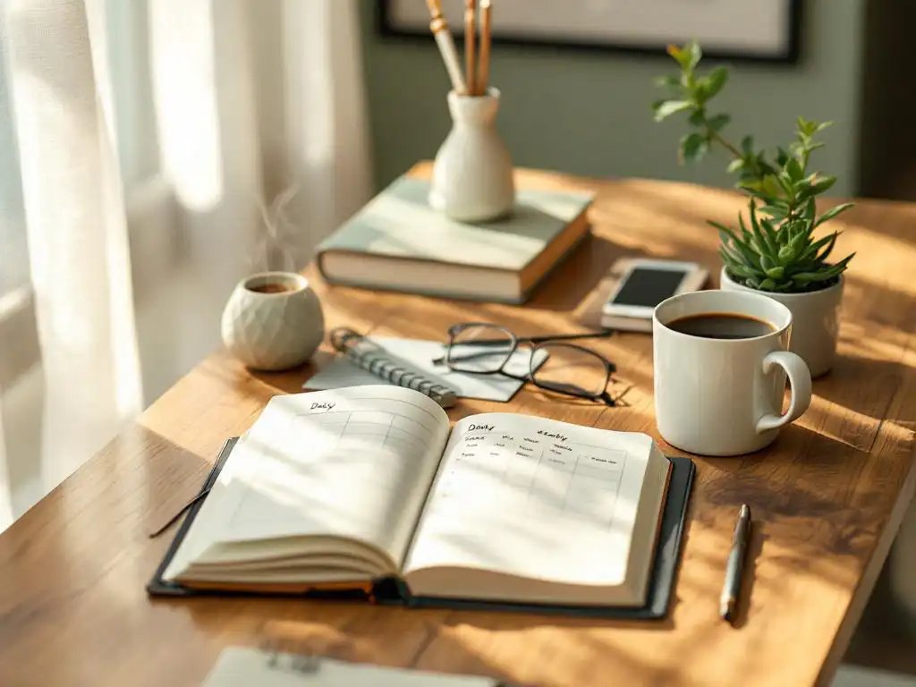 Houten bureau met opengeschreven dagplanner, dampende koffiemok en vetplant in warm ochtendlicht