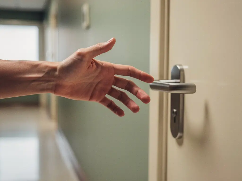 Hand die aarzelend zweeft boven een gesloten deurklink in een zachtverlichte klinische gang met salie- en ivoorkleurige tinten.